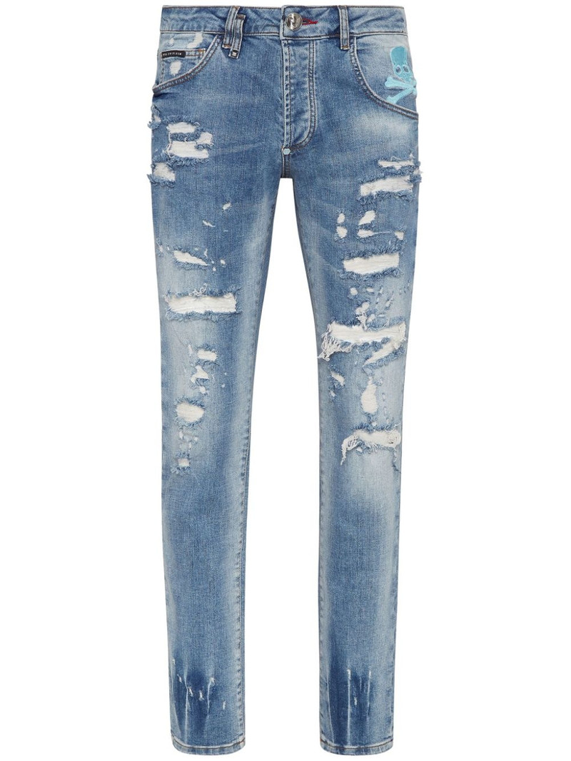 Skull-print distressed straight-leg jeans 1