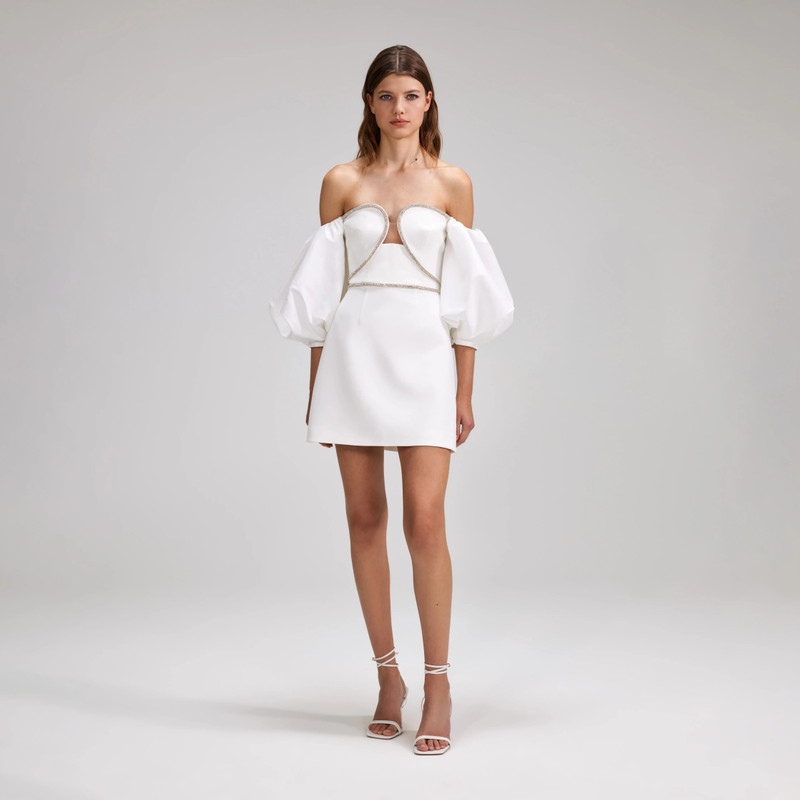 self-portrait White Bonded Crepe Puff Sleeve Mini Dress - SS23-170S-W |  REVERSIBLE