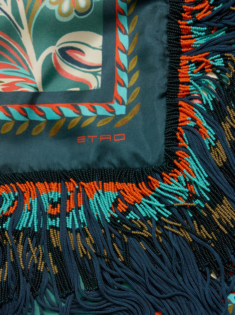 SILK SCARF WITH DAFFODIL MOTIF, FRINGING AND BEADS 3