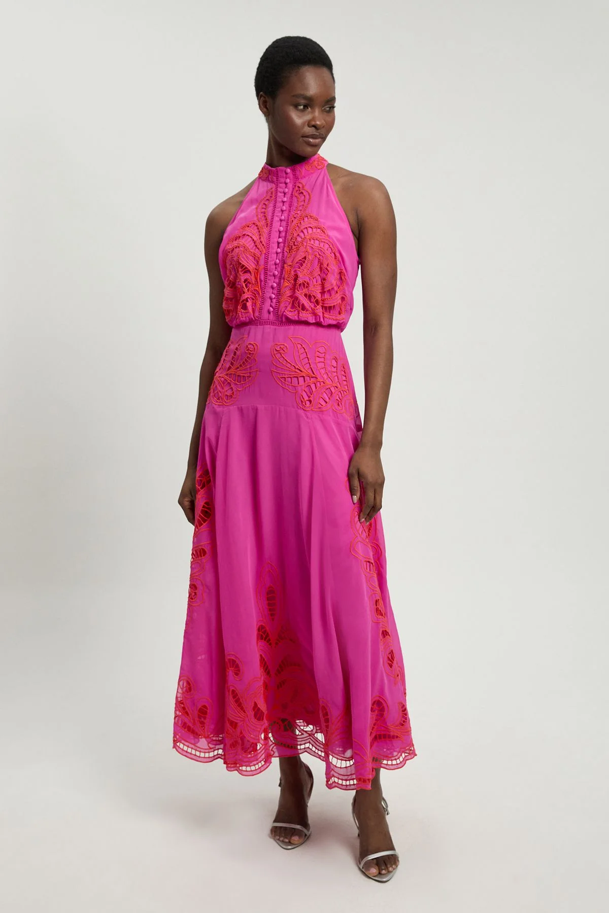 Georgette Placed Cutwork Halter Woven Midi Dress - 1