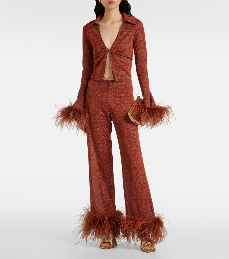 Oséree Lumière Plumage feather-trimmed straight pants outlook