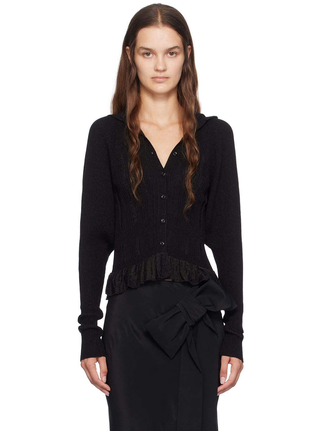 Black Plaited Tinsel Hood Cardigan - 1