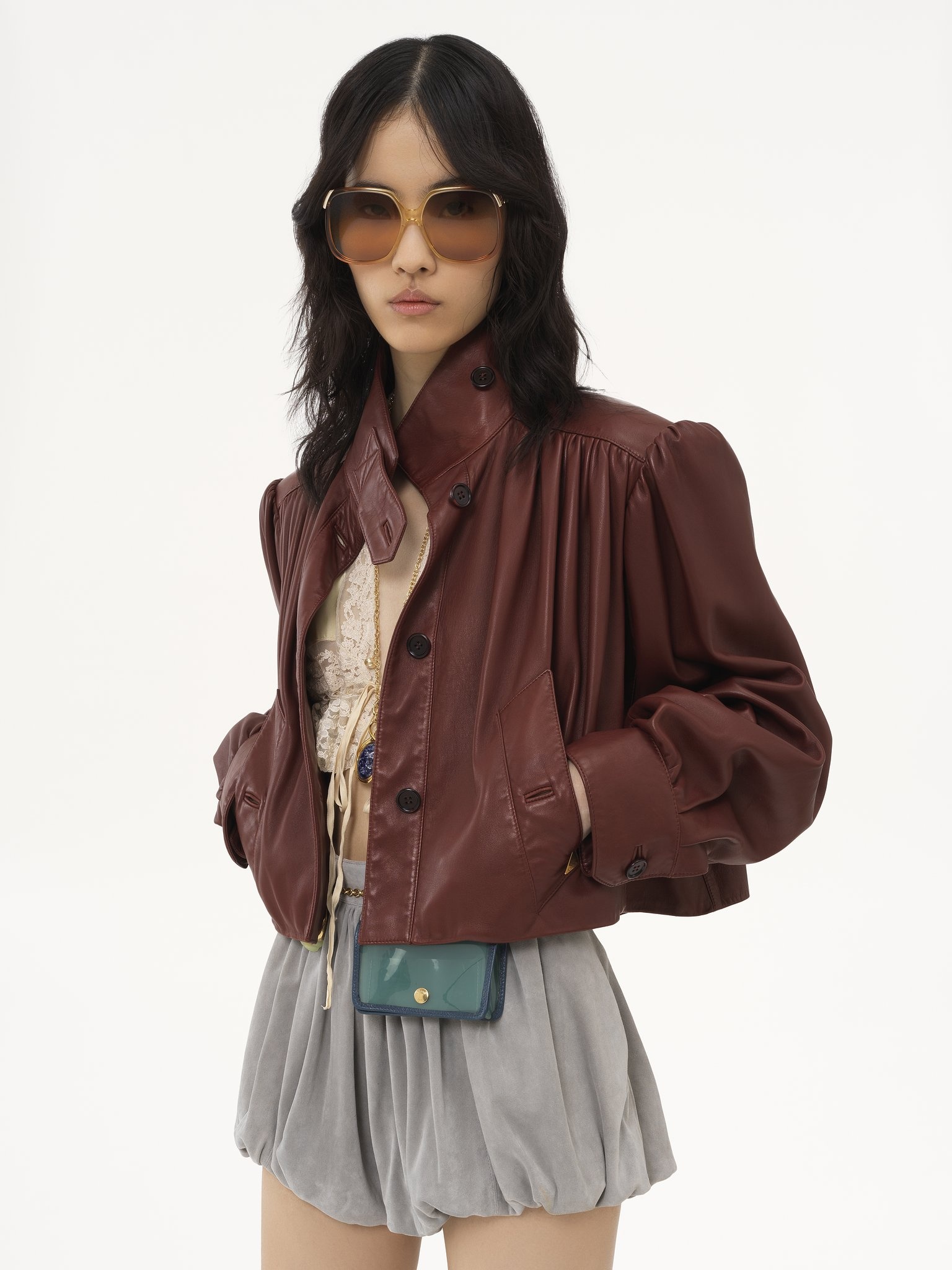 GATHERED BOULE JACKET IN LEATHER - 4