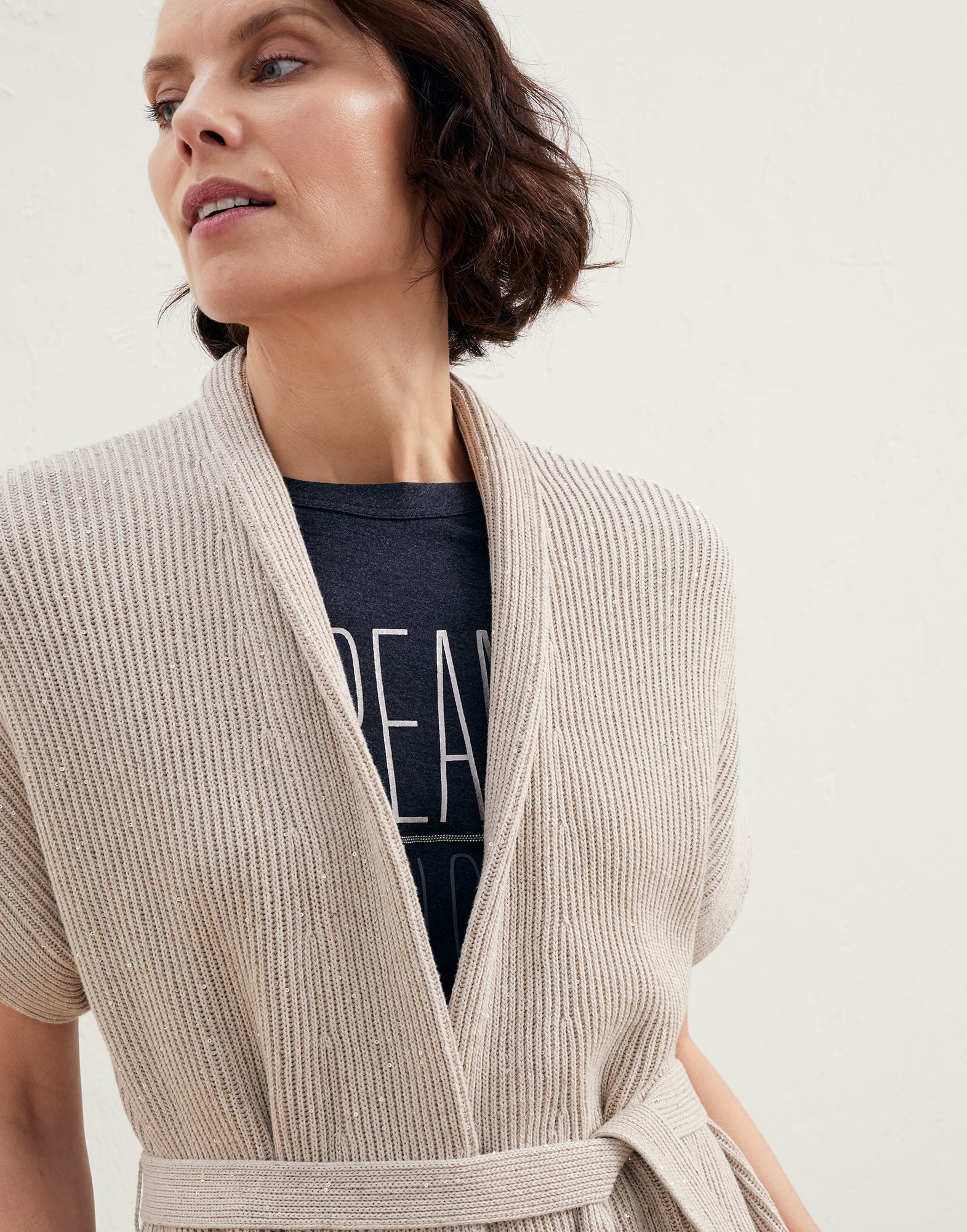 Cotton Diamond yarn English rib cardigan with belt - 3