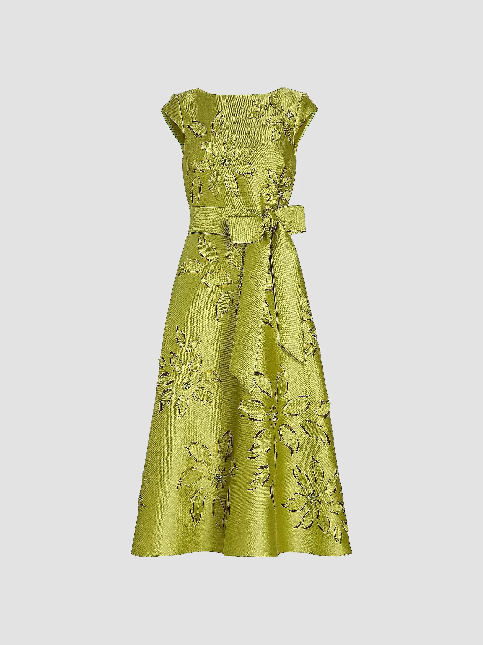 Women's Lasercut Floral Tie Waist Midi-Dress - Chartreuse - 1