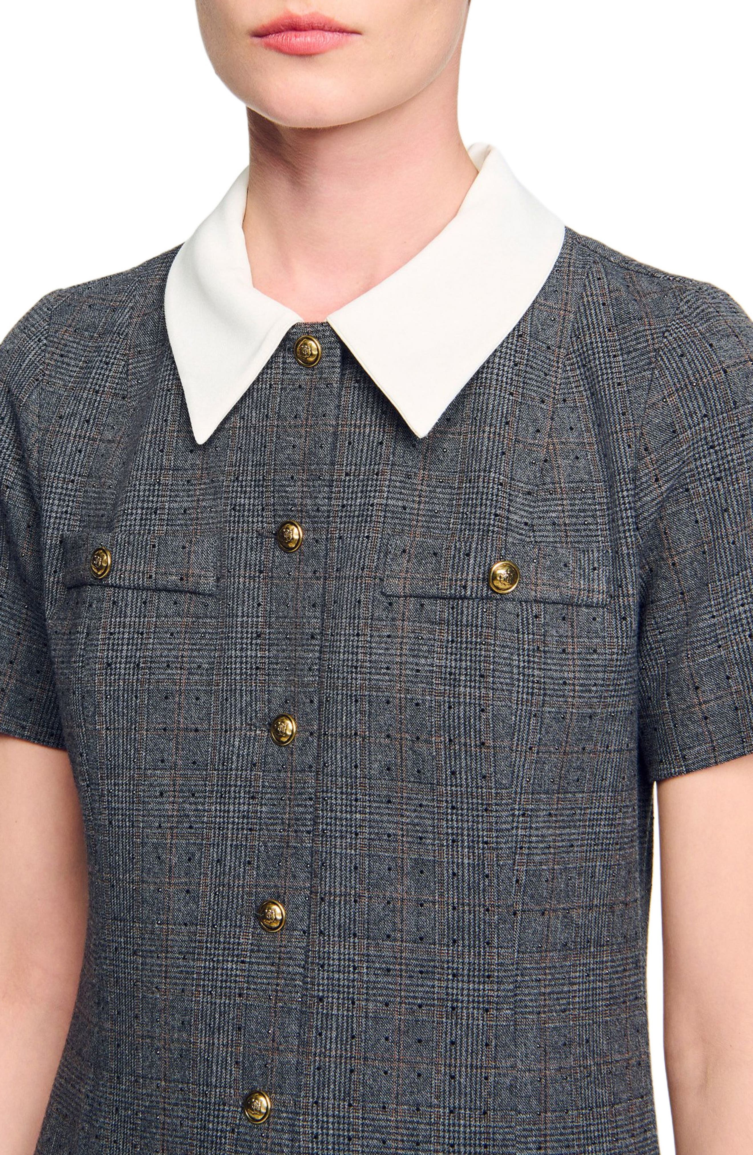 SANDRO Short pleated dress with rhinestones in Grey /Brown at Nordstrom - 4