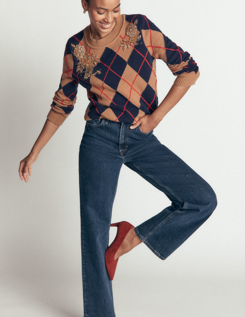 Embellished Jacquard Sweater-Camel Melange Argyle 8