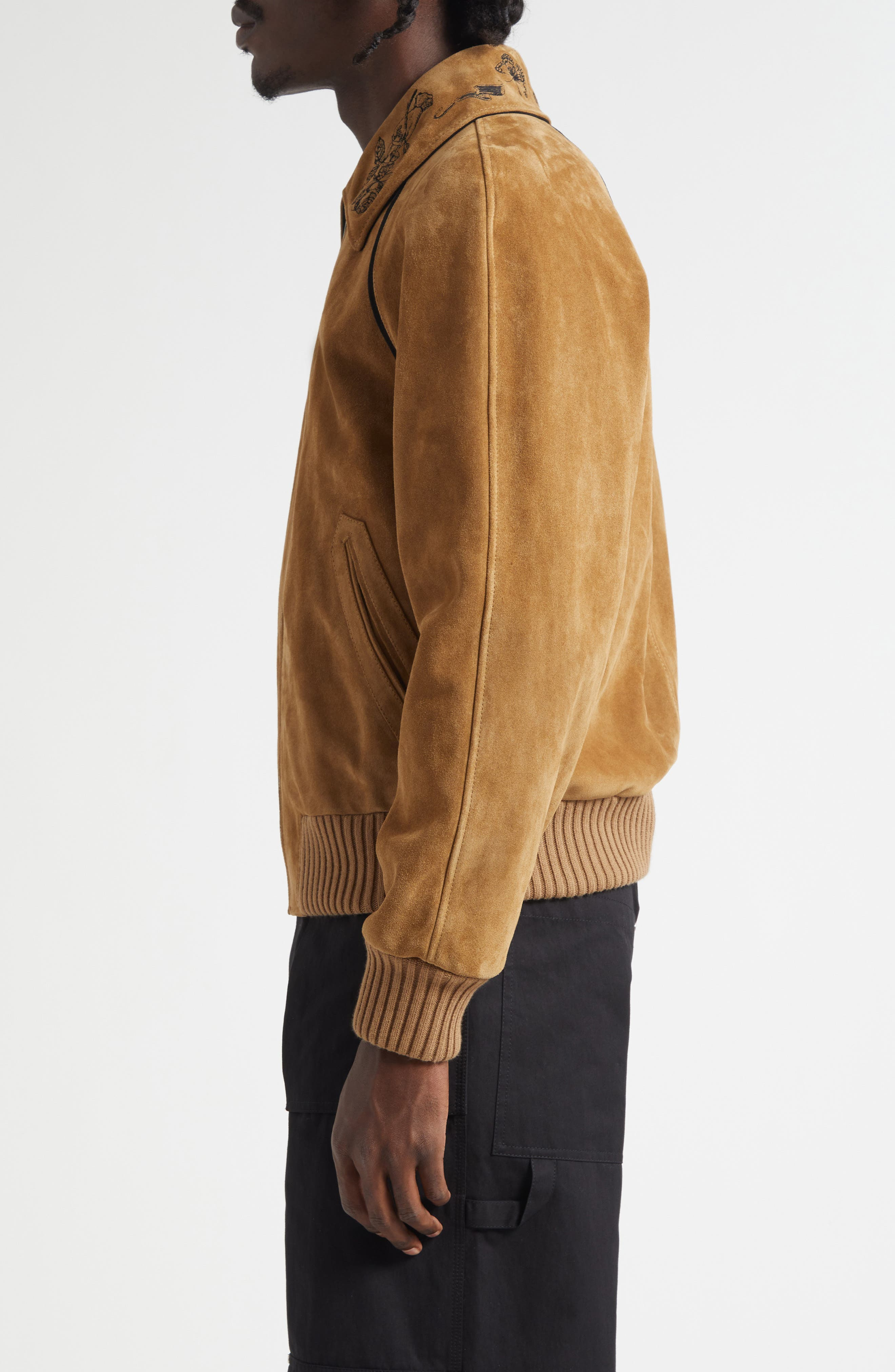 McQueen Crop Suede Bomber Jacket in Mid Tan/Black at Nordstrom - 4