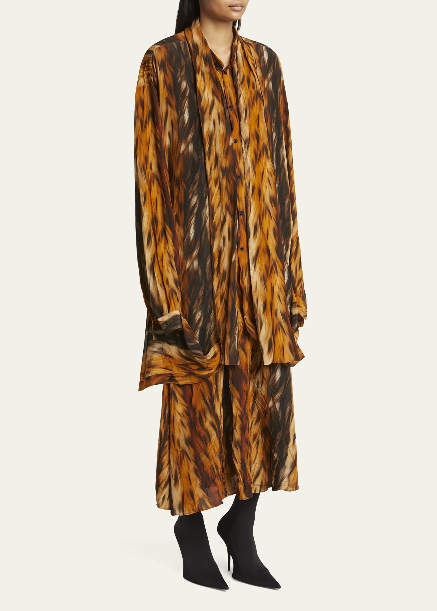 Long Fur Print Knotted Crepe Dress - 4