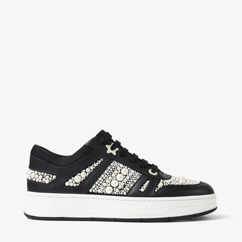 Hawaii/F Black Calf Leather and Canvas Low Top Trainers with Pearl Embellishment - 1