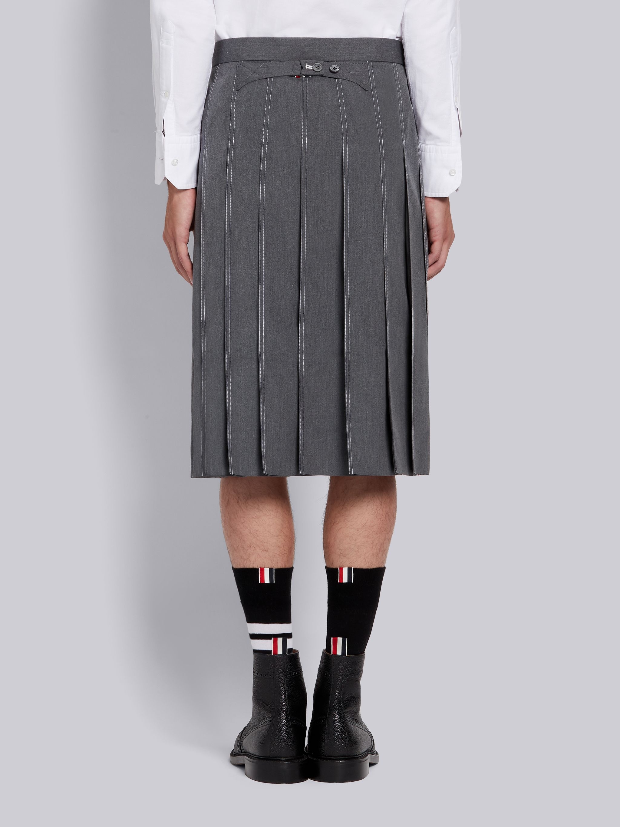 Medium Grey Cotton Typewriter Cloth Double Needle Stitch Knee Length Pleated Classic Skirt - 3