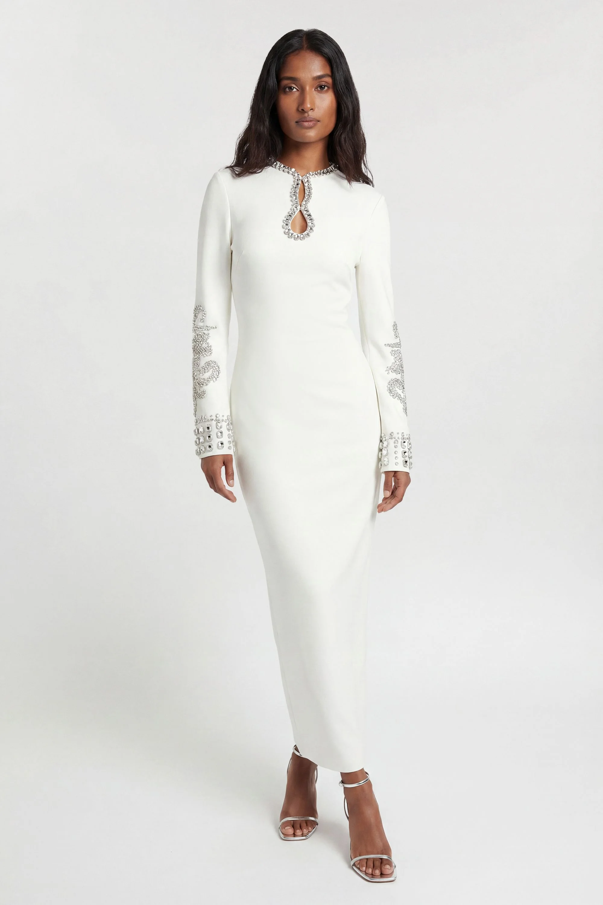 Figure Form Bandage Knit Embellished Wide Sleeve Midi Dress - 1