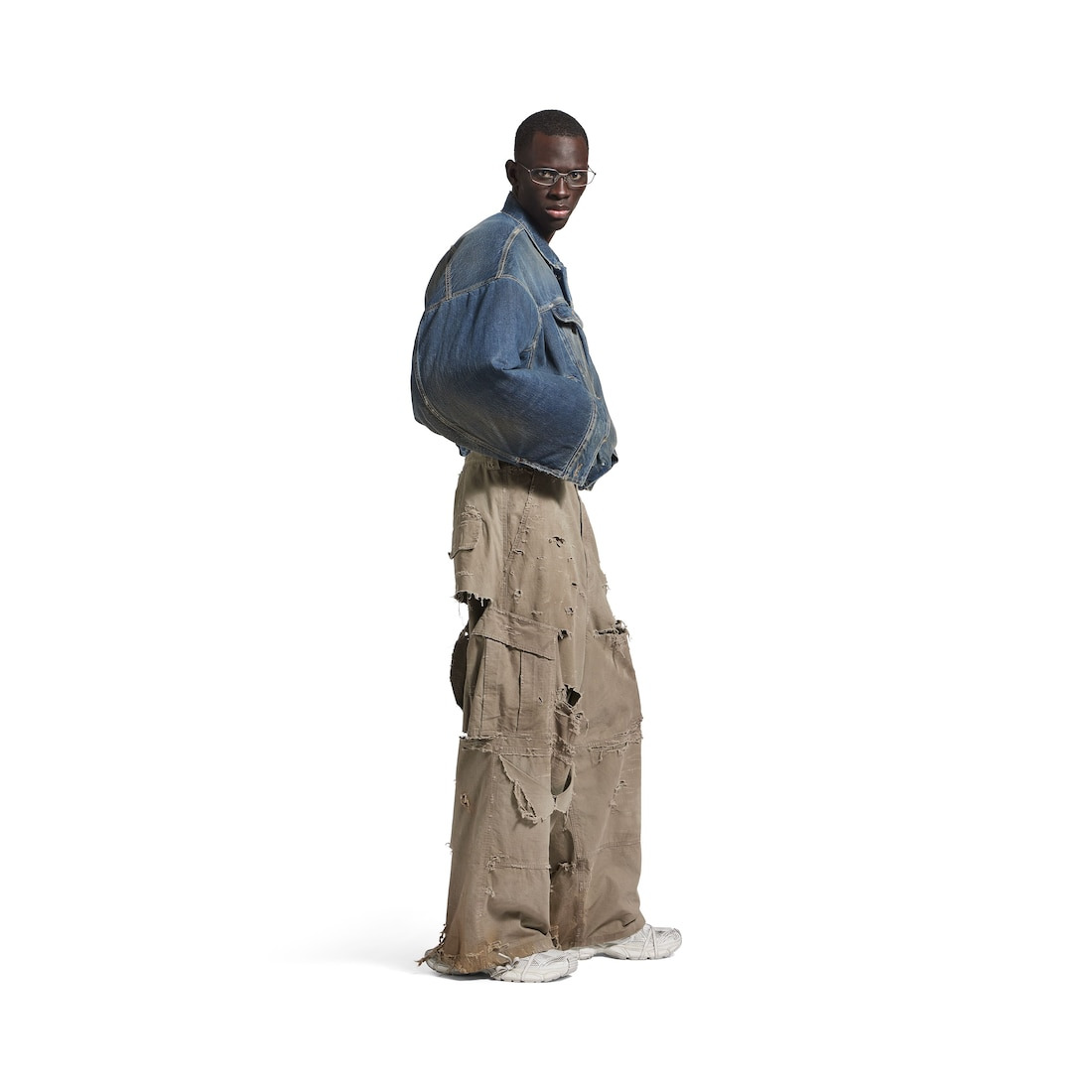 Men's Distressed Large Cargo Pants in Dark Beige - 3