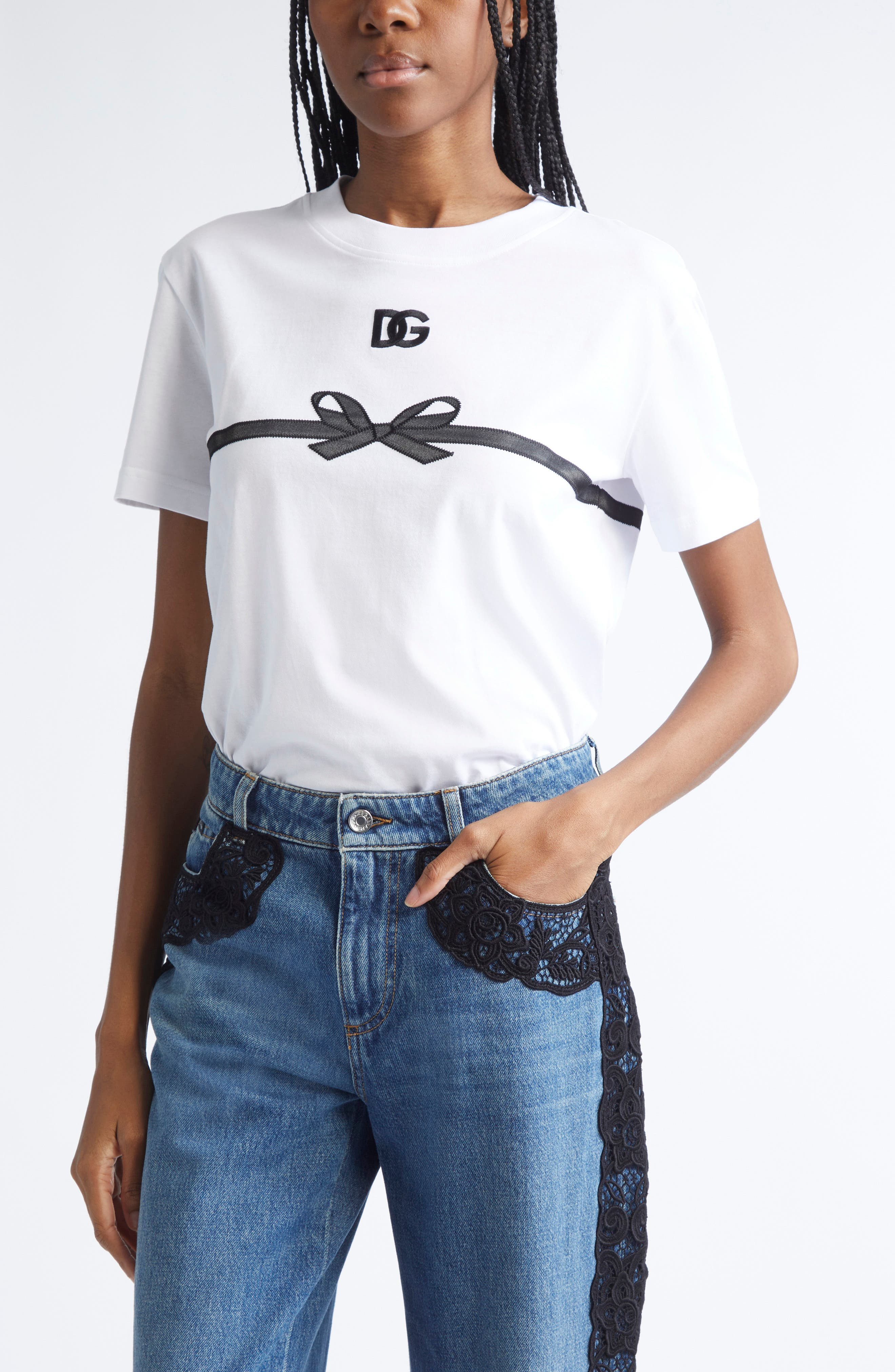 Dolce&Gabbana Logo Embroidered Bow Appliqué T-Shirt in W0800 Bianco Ottico at Nordstrom - 1