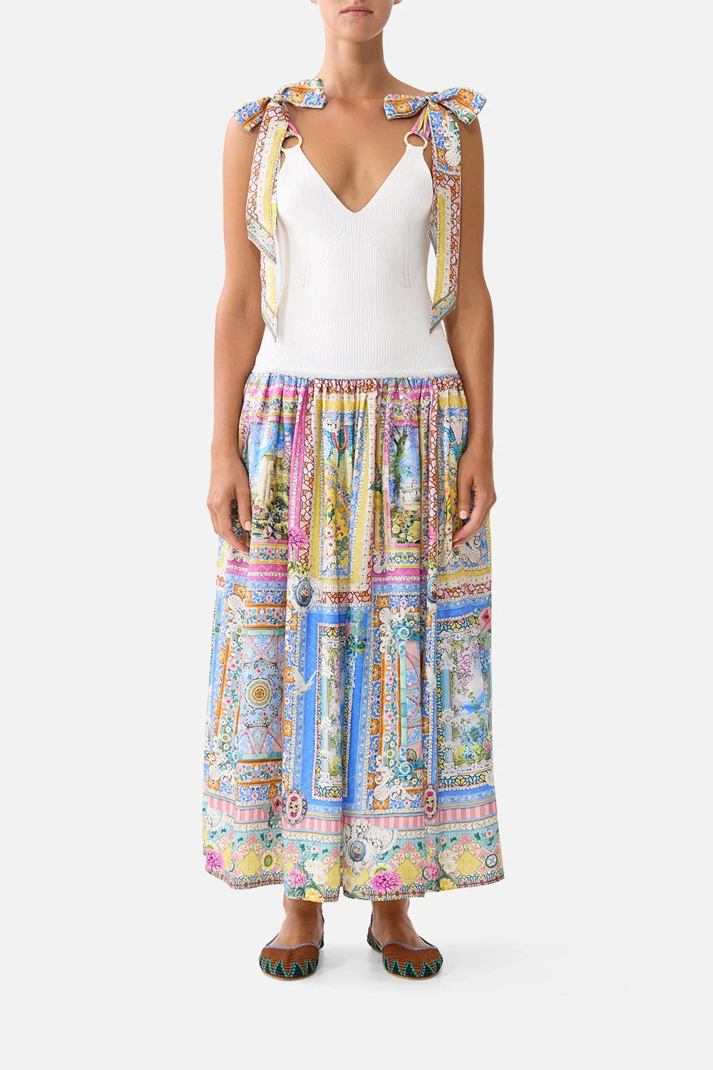 KNIT BODICE SILK SPLICED MIDI DRESS - 1