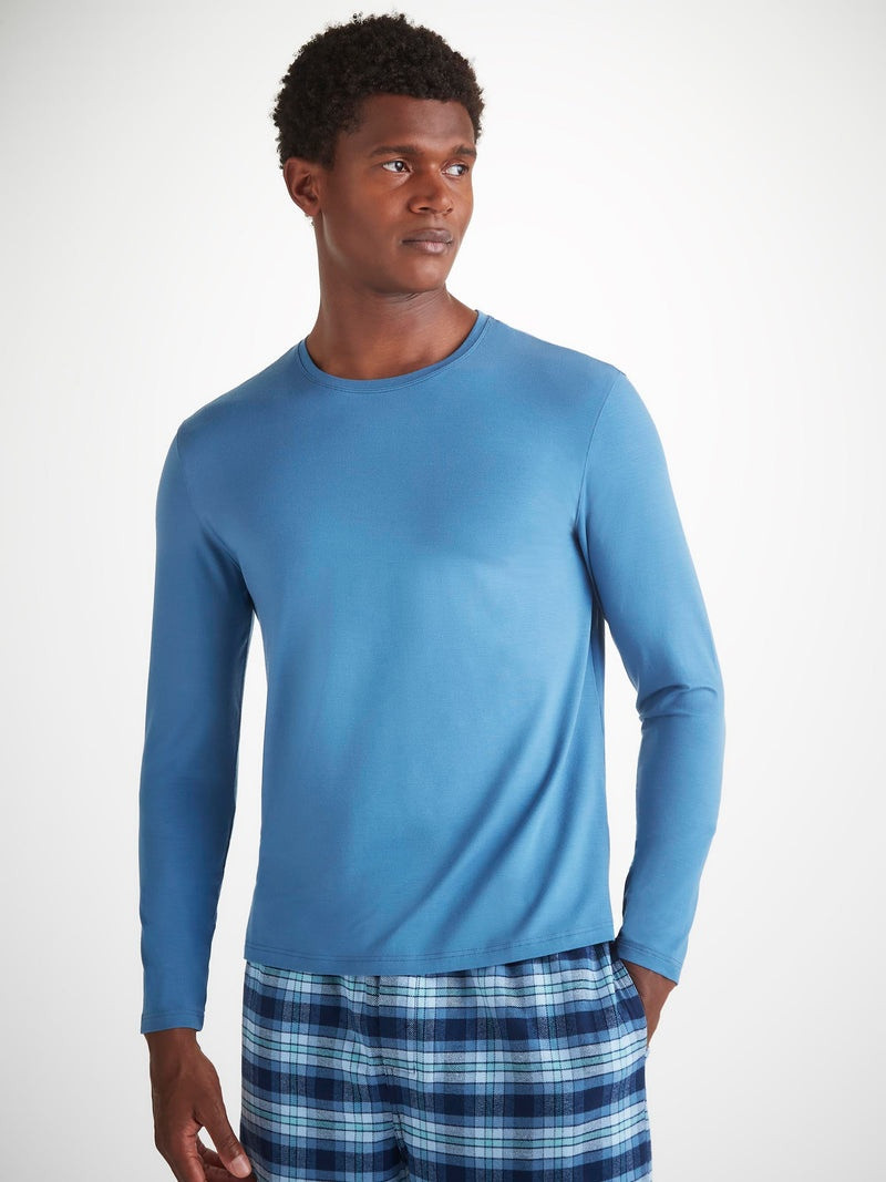Derek Rose Men's Long Sleeve T-Shirt Basel Micro Modal Stretch Steel Blue outlook