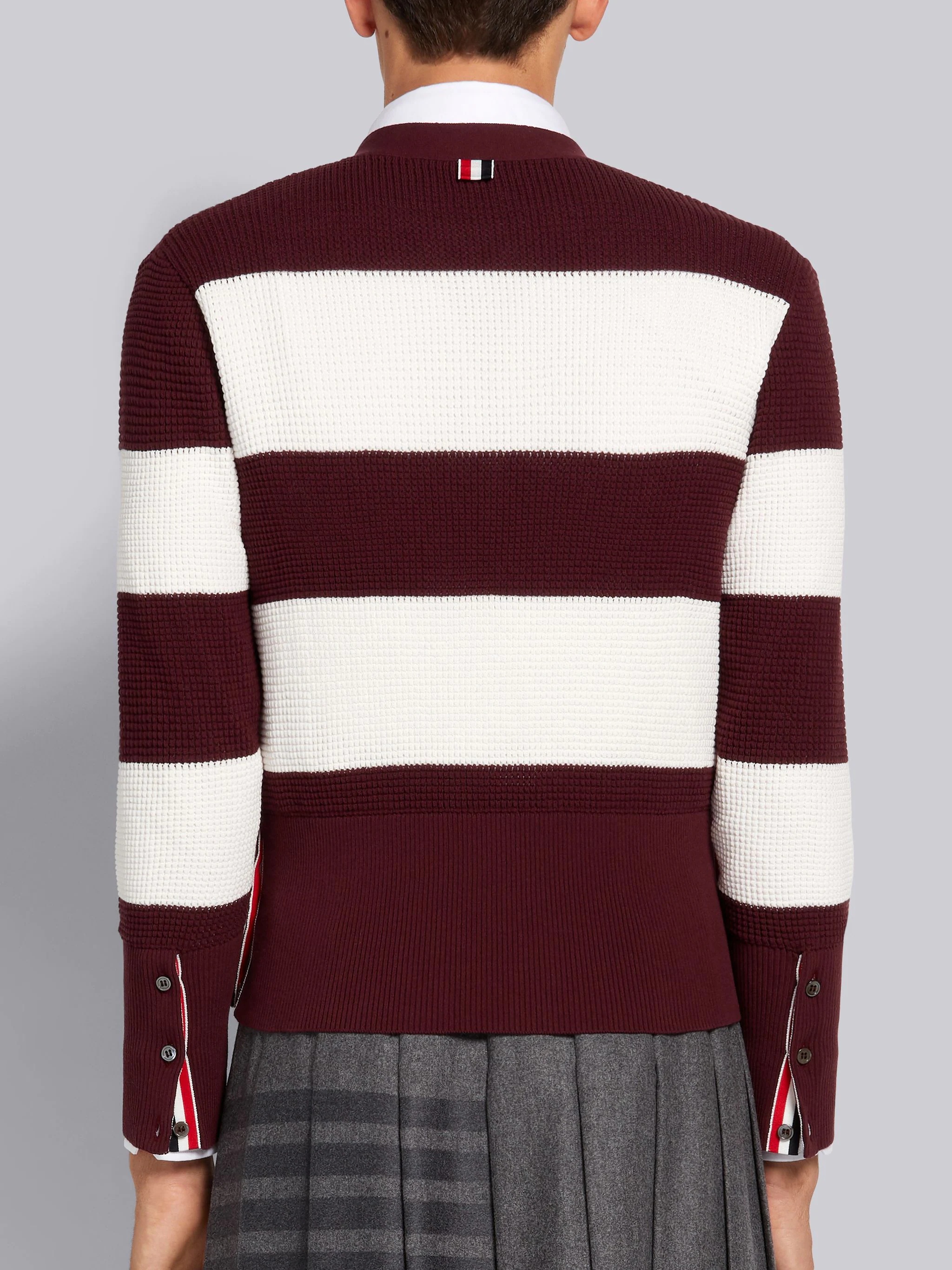 Dark Red Cotton Textured Rugby Stripe Classic Fit Cardigan - 3