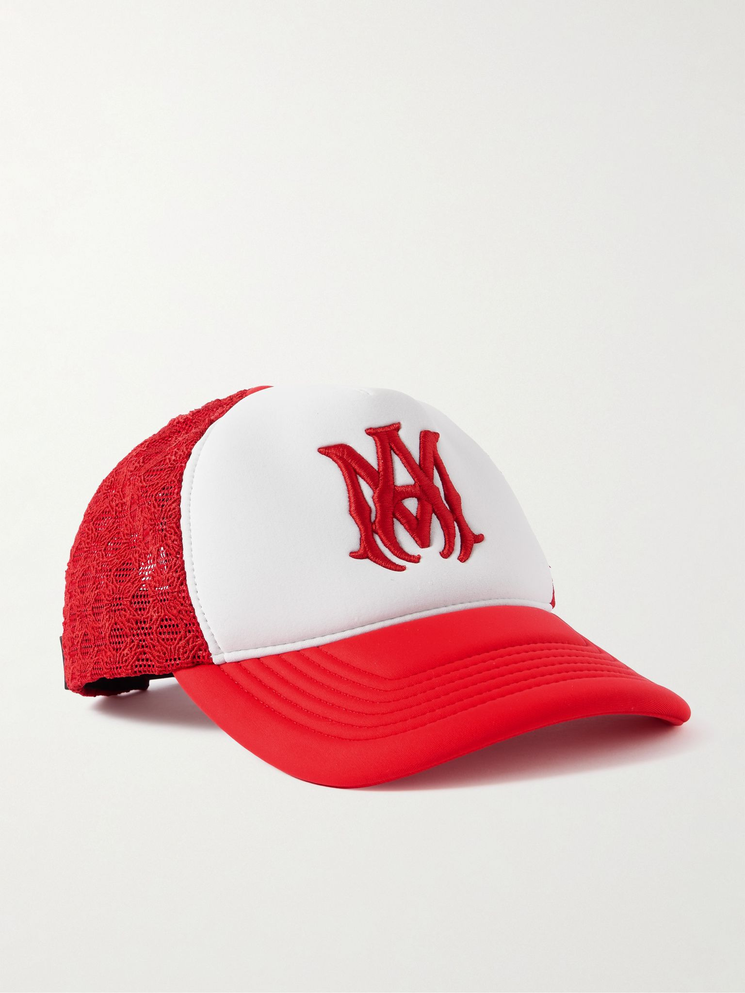 MA Logo-Embroidered Scuba and Mesh Trucker Cap Red - 1