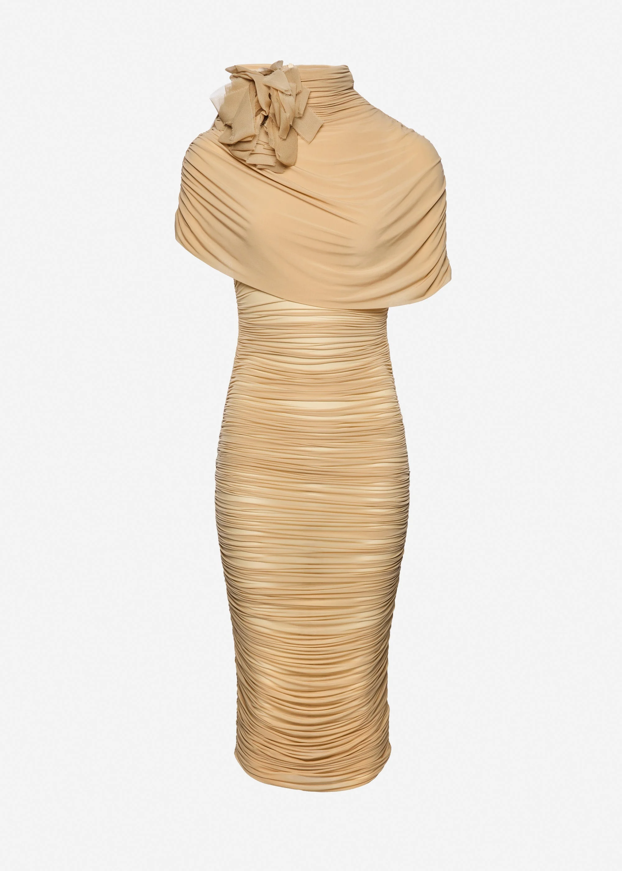 Draped cape-effect midi dress in beige - 1