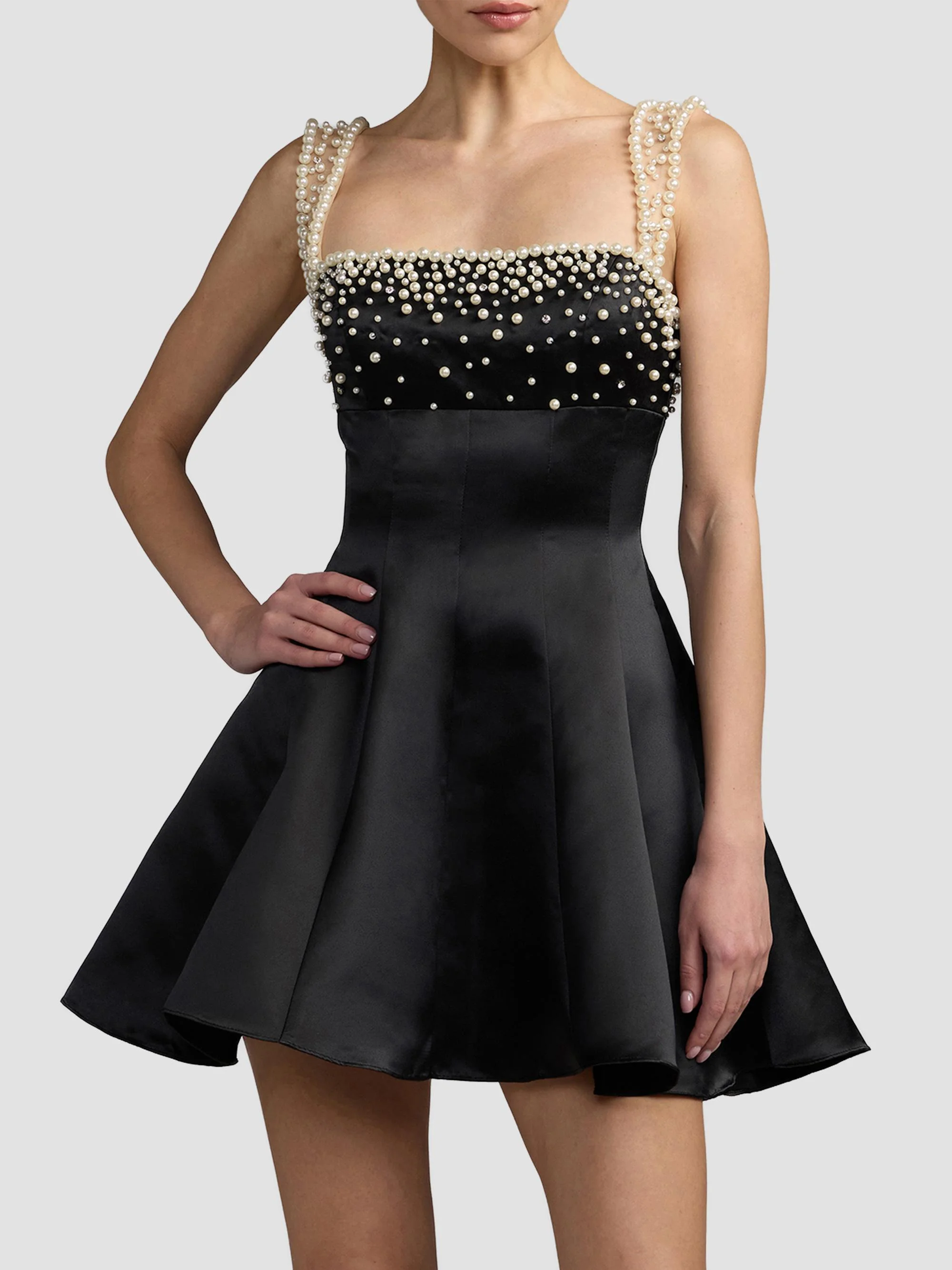 Women's Embellished Satin A-Line Minidress - Black - 1