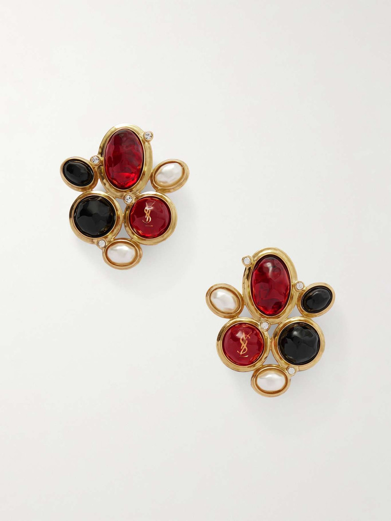 SAINT LAURENT Gold-tone, resin, faux pearl and crystal clip earrings Gold outlook