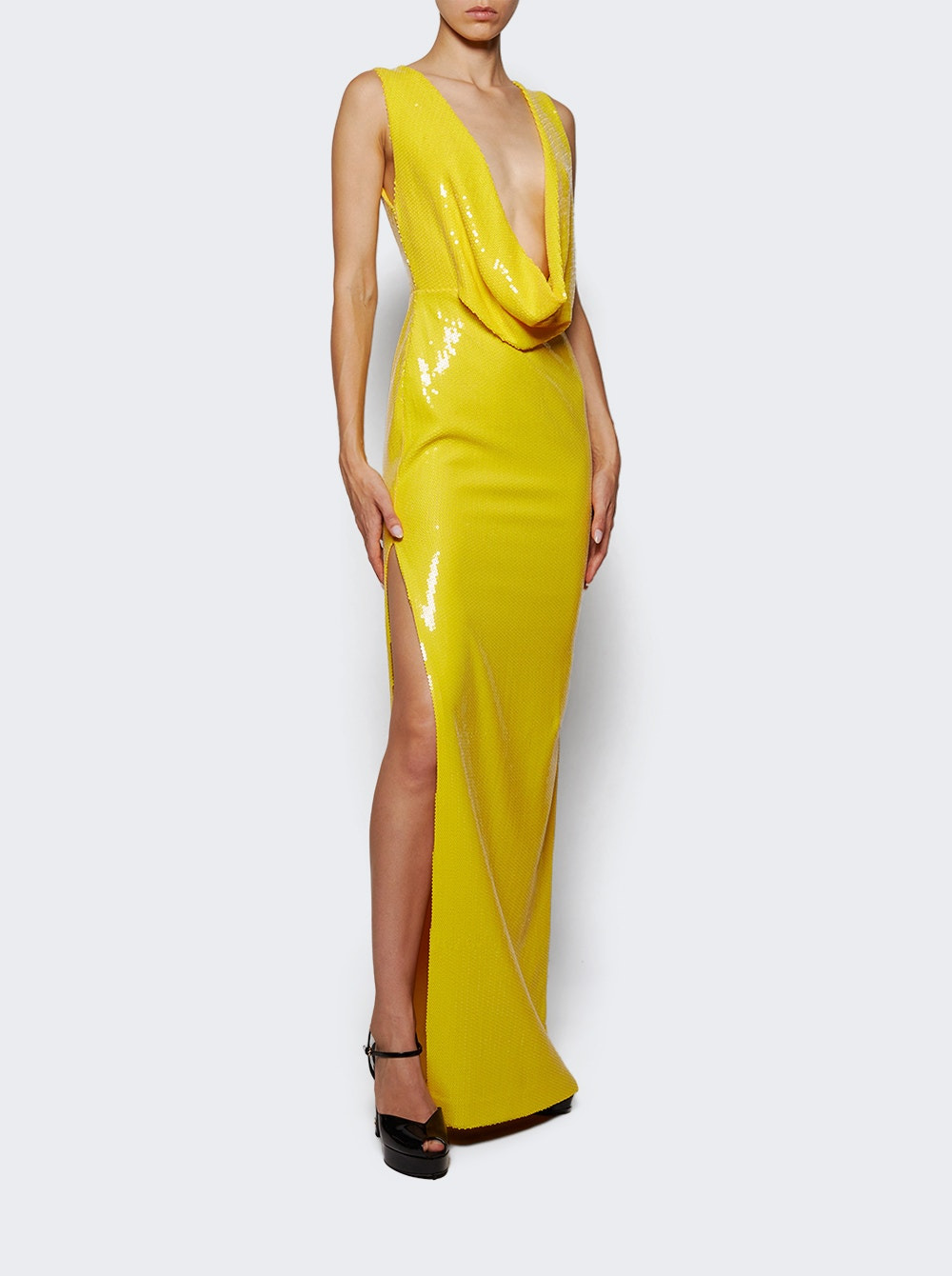 Draped Cowl Column In Mesh Sequin Yellow - 2