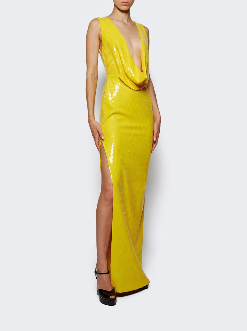 ALEX PERRY Draped Cowl Column In Mesh Sequin Yellow outlook