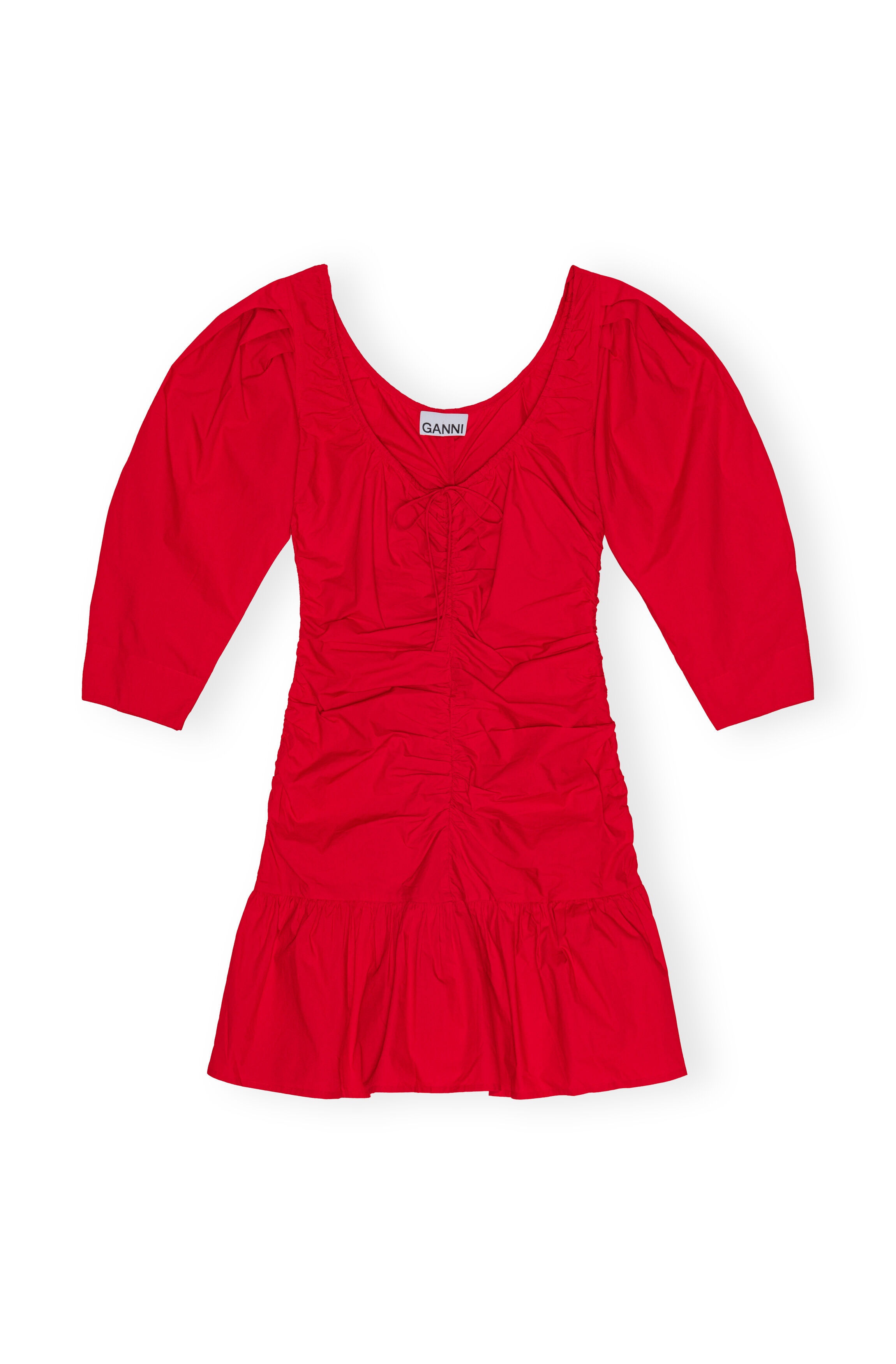 RED COTTON POPLIN GATHERED U-NECK MINI DRESS - 6