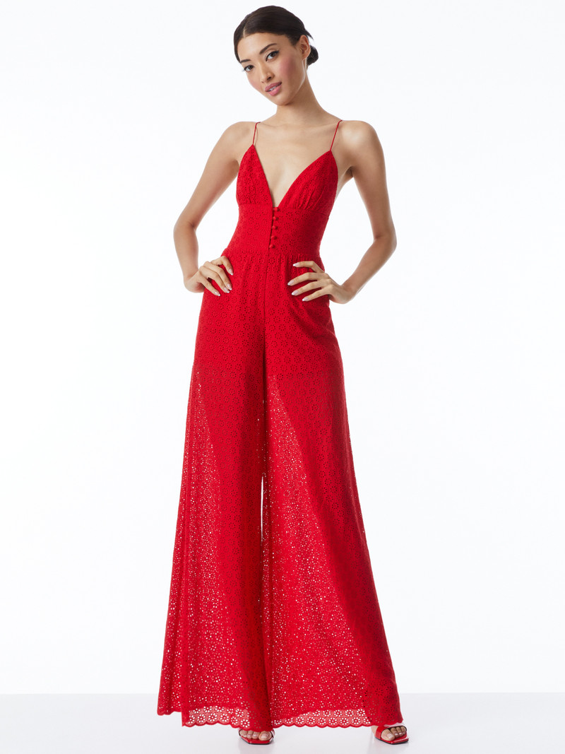 Alice + Olivia TILLY EYELET WIDE LEG BUTTON FRONT JUMPSUIT outlook