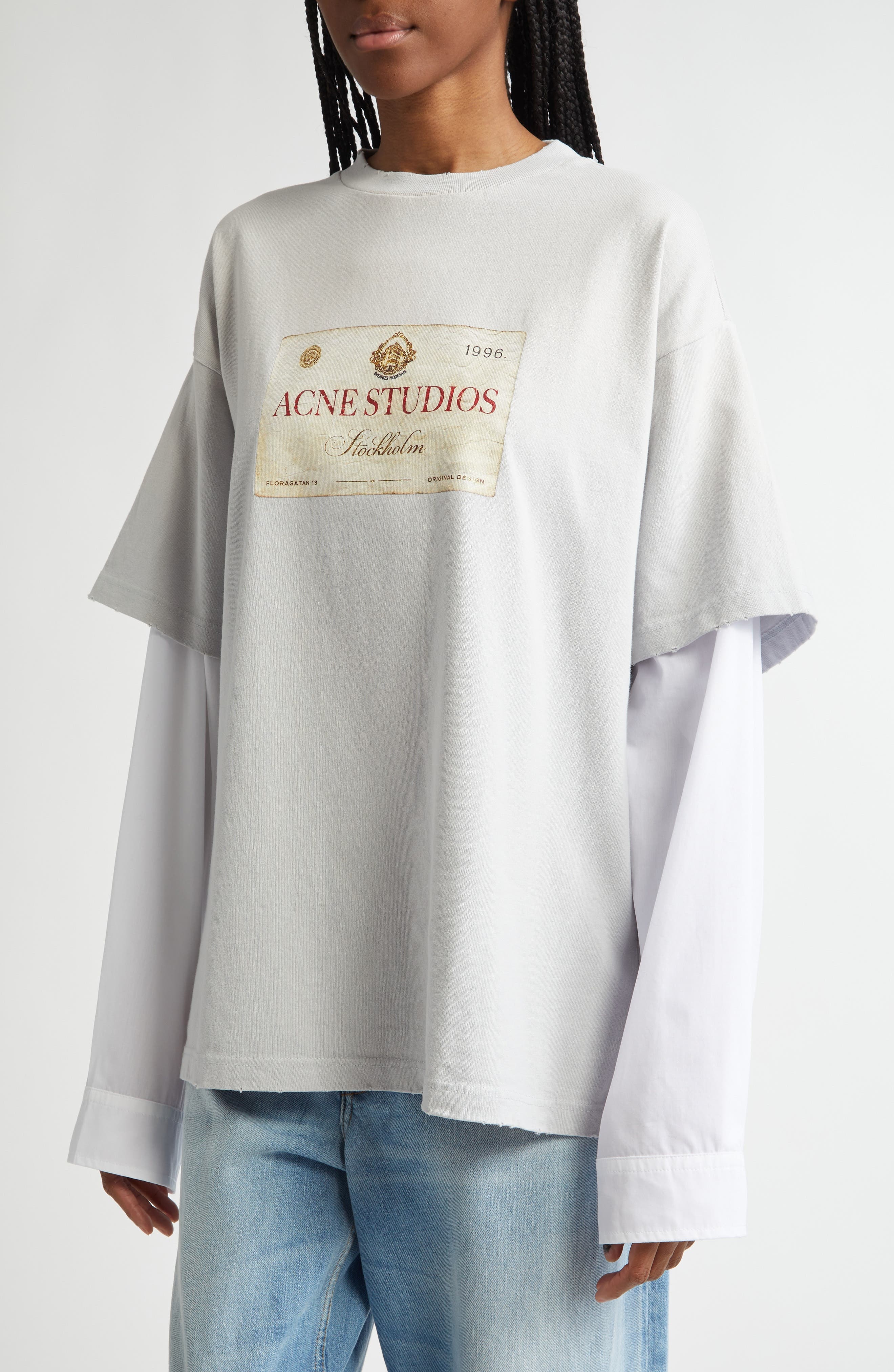 Acne Studios Edra Double U Layered Cotton Shirt in Light Grey Aab at Nordstrom - 4