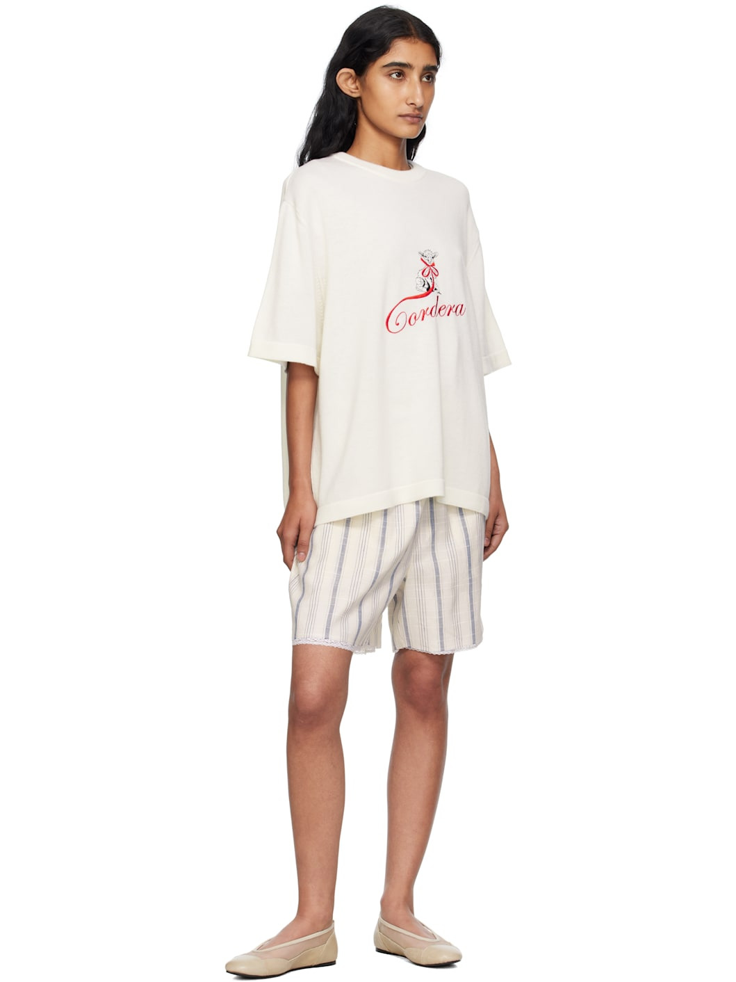 White Striped Bermuda With Lace Shorts - 4