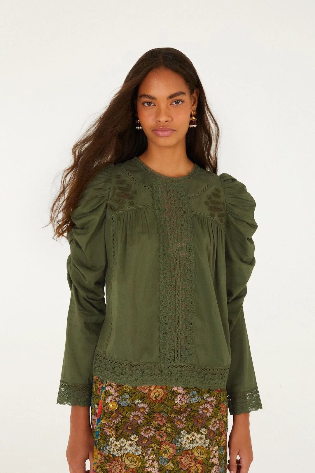 Lace Ruched Sleeve Blouse - 1