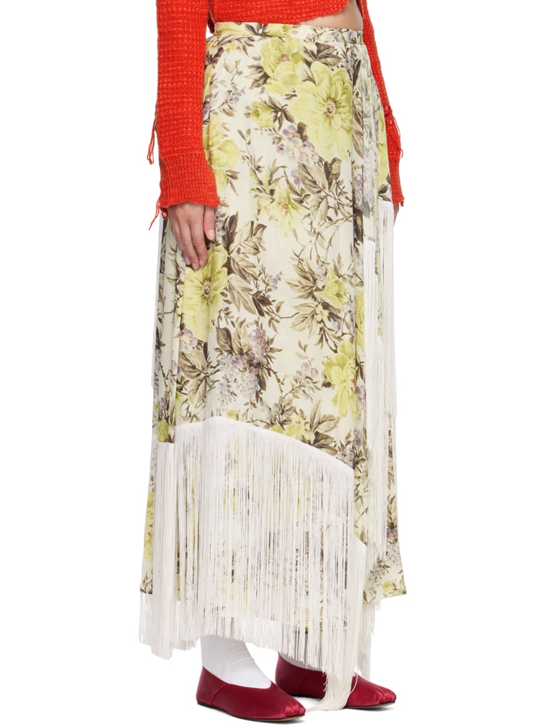 Beige Flower Print Fringe Maxi Skirt - 2