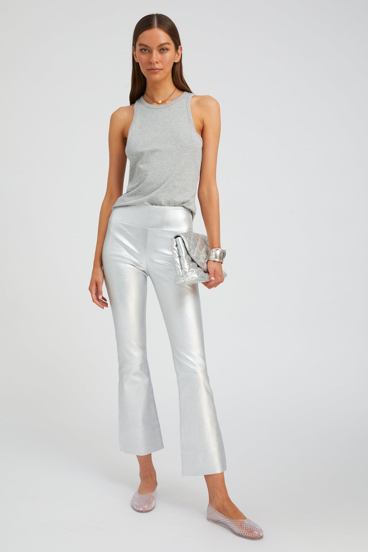 METALLIC SILVER LEATHER ANKLE FLARE - 2