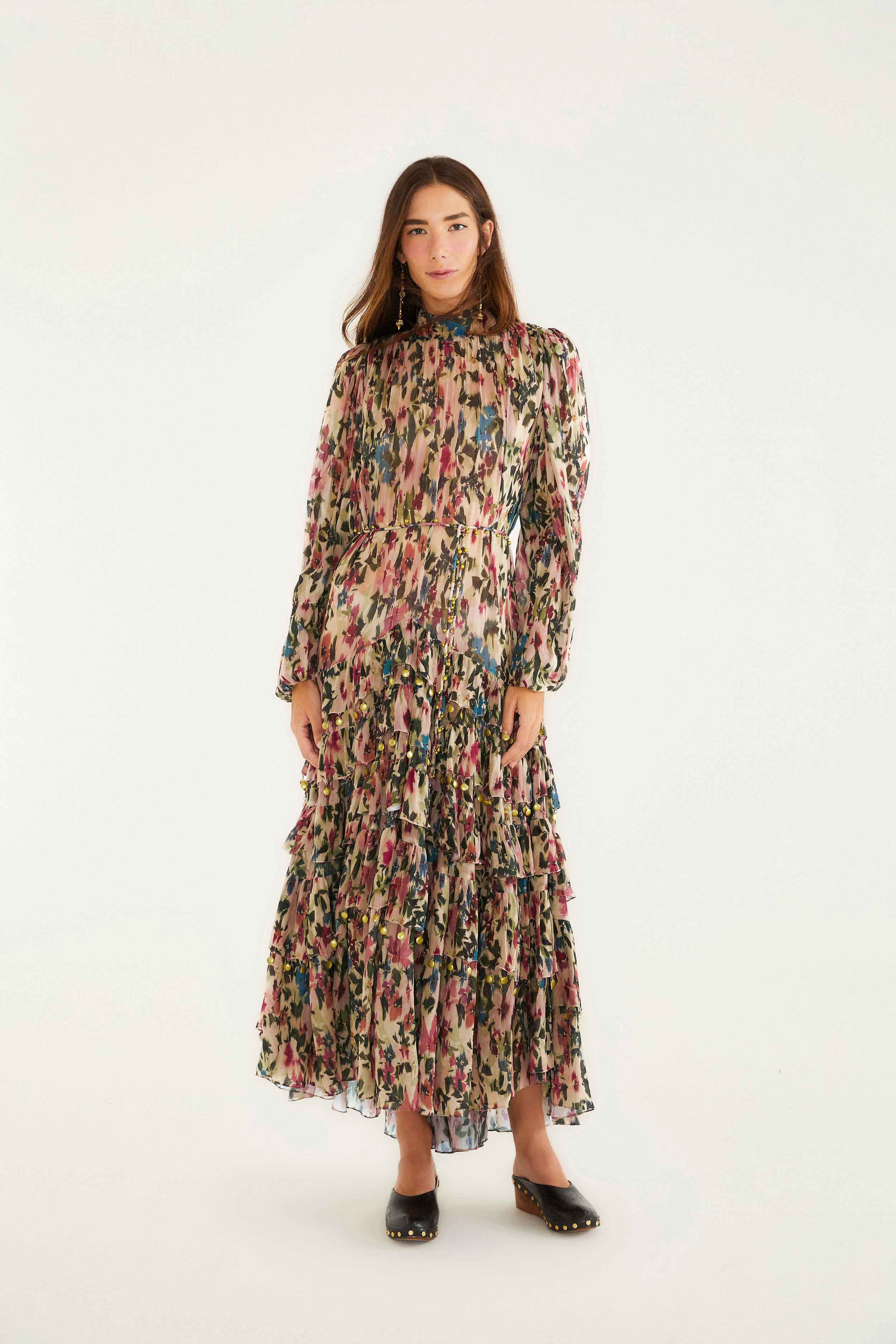 Pink Blurred Tiny Flowers Long Sleeve Maxi Dress - 5
