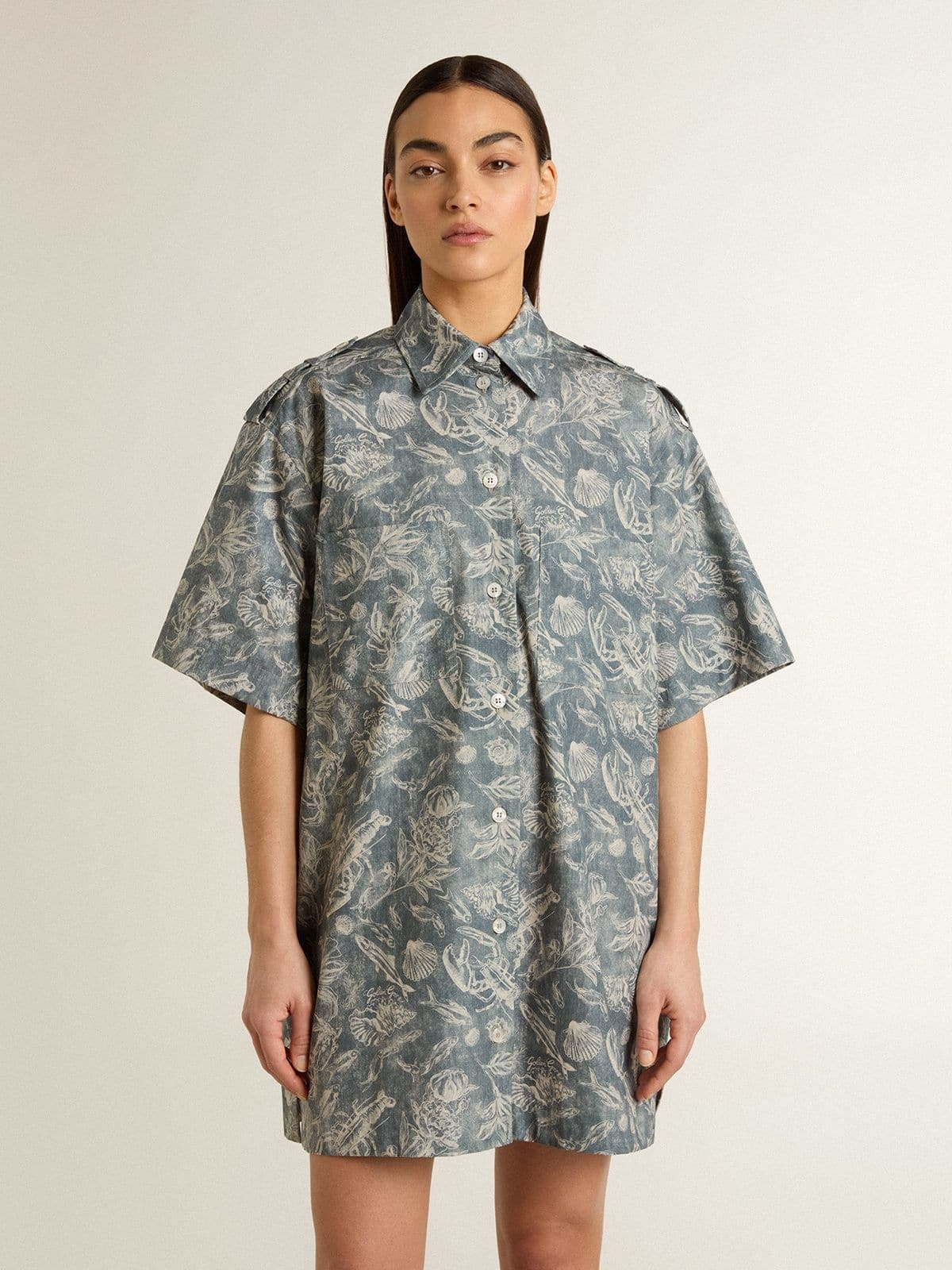 Women's short shirt dress in light blue cotton poplin with all-over marine print - 2