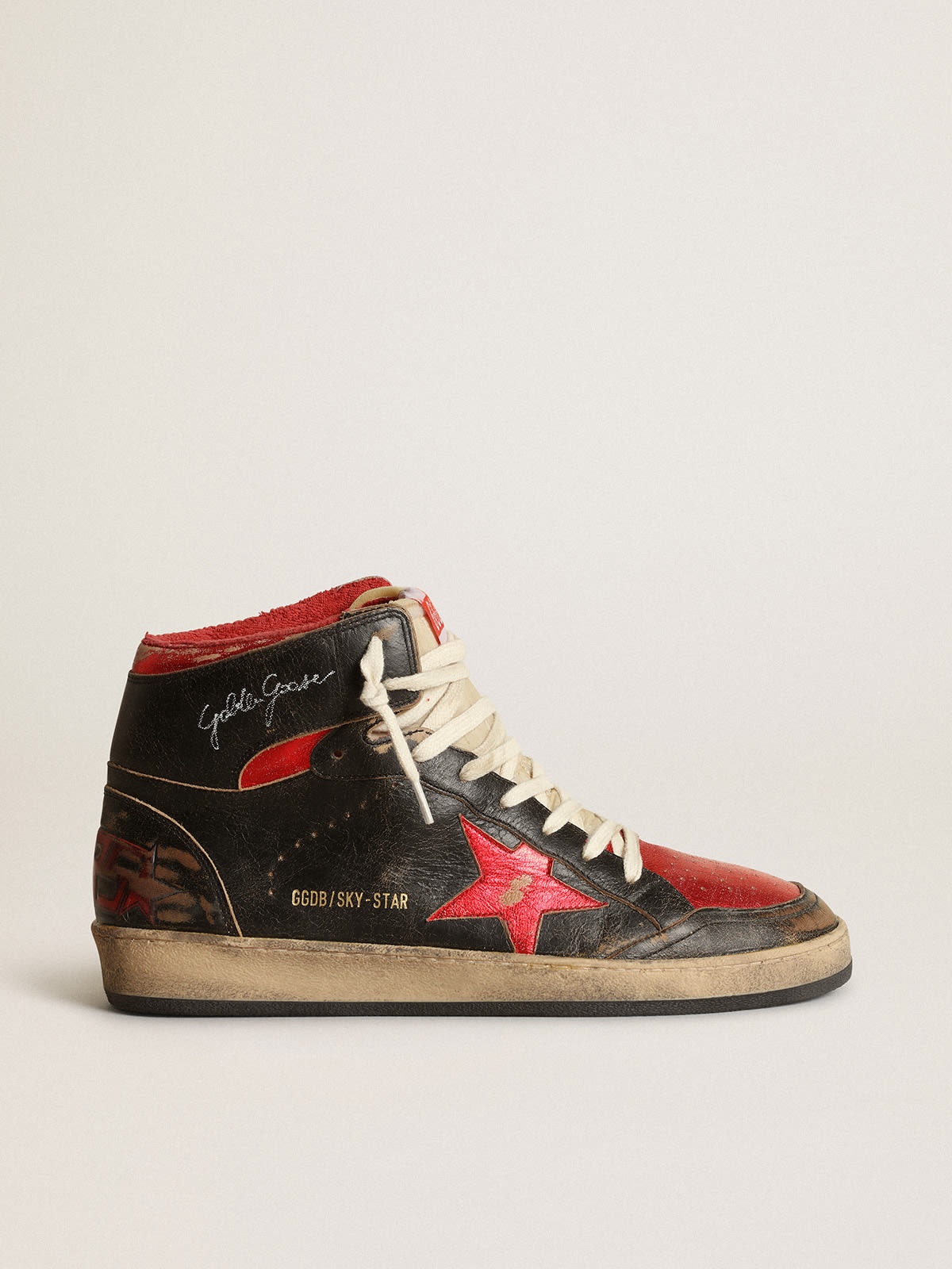 Golden Goose Men's Sky-Star in glossy black leather with red