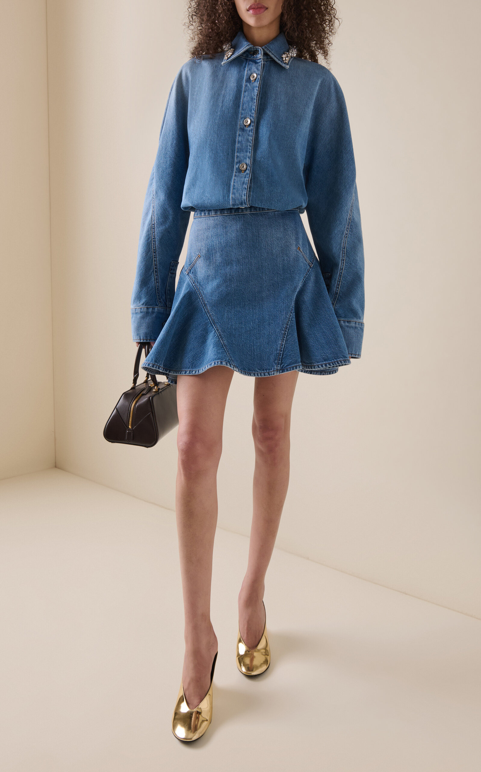 Short Cocoon Embellished Denim Shirt blue - 3