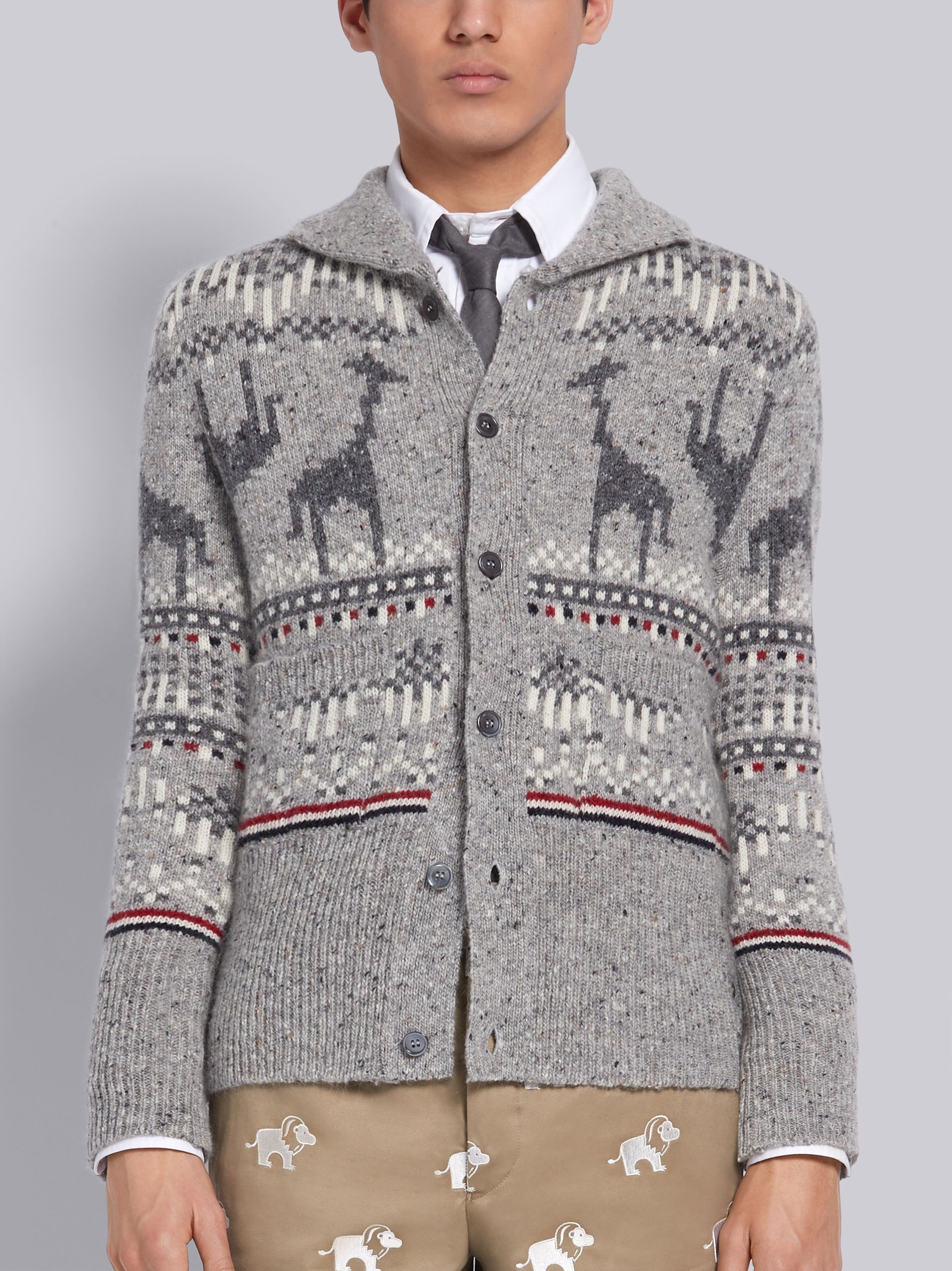 Tonal Grey Mohair Wool Tweed Giraffe Icon Fair Isle Classic Cardigan - 1