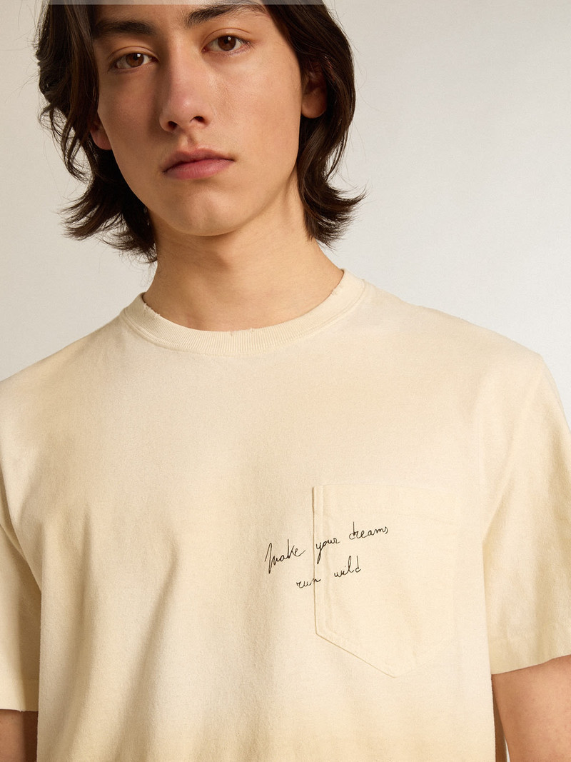 Aged white cotton T-shirt with lettering on the pocket 2