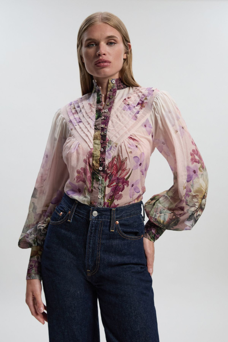 Petite Floral Print Silk Cotton Long Sleeve Woven Blouse 1