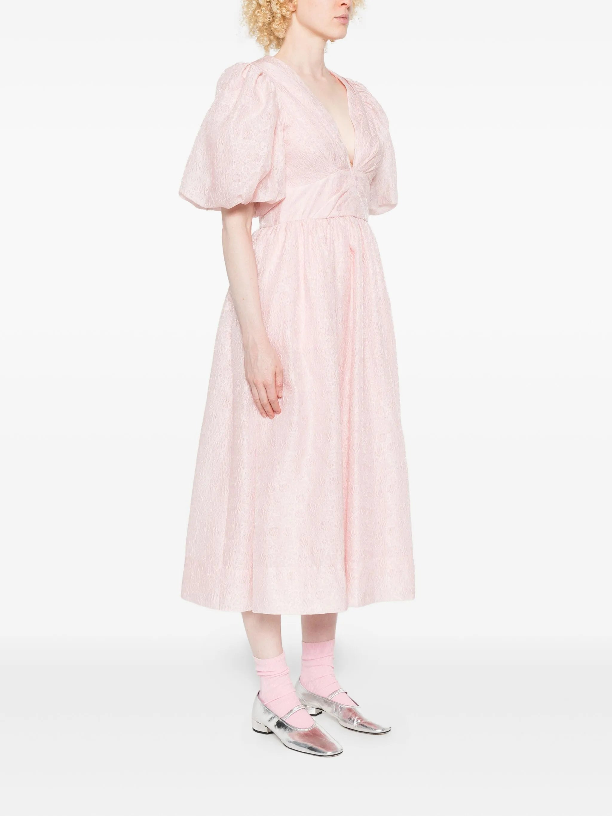 Sea Puff-sleeve V-neck Midi Dress - 3
