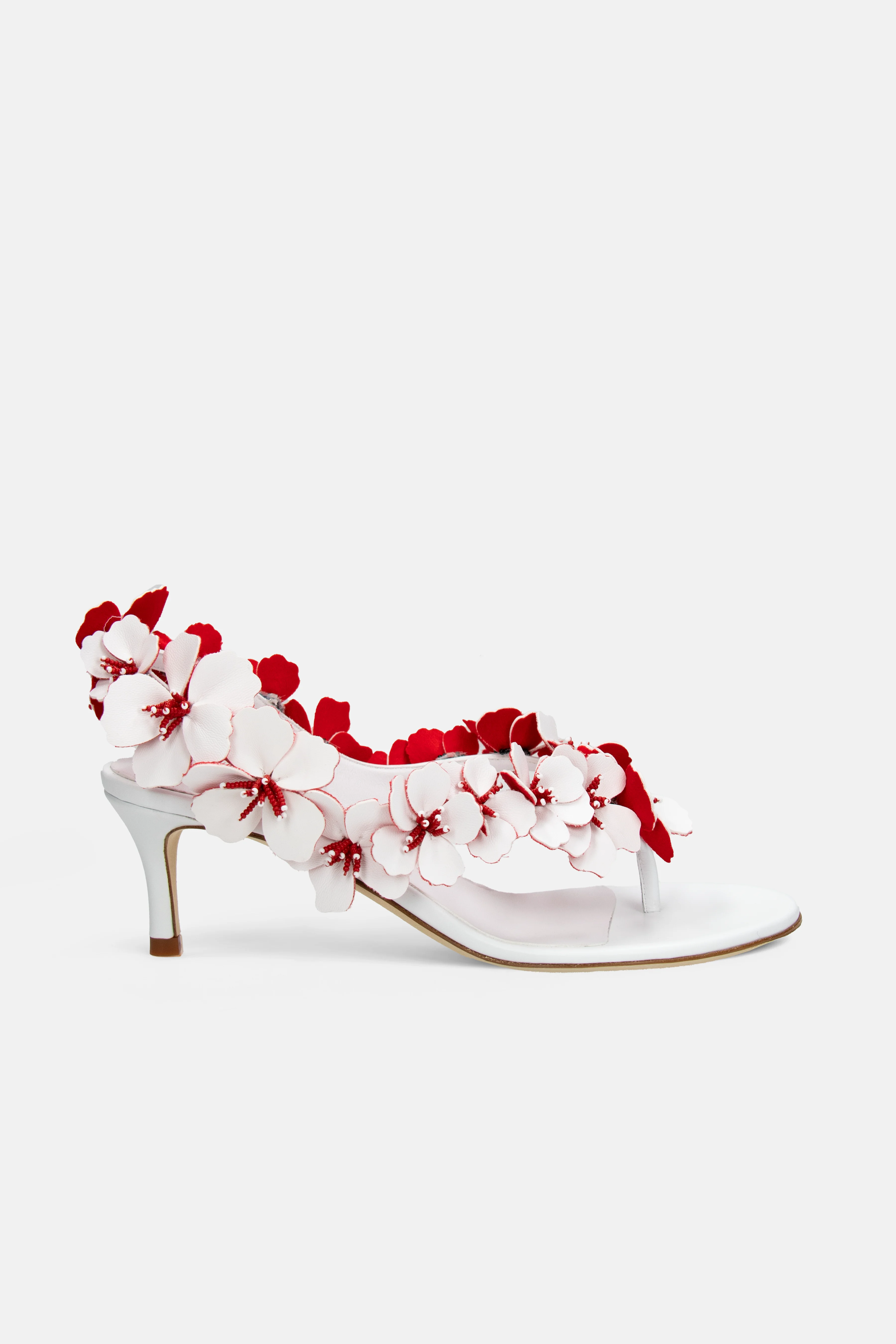 KITTEN HEEL SANDALS IN BI-COLOR WHITE AND RED ADORNED WITH LEATHER FLOWERS - 1