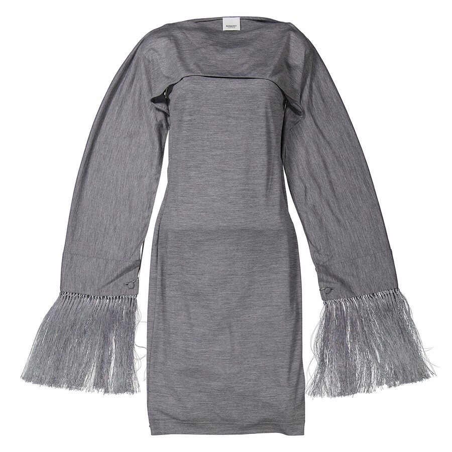 Burberry Cloud Grey Merino Wool Sleeveless Dress With Fringed Capelet - 2