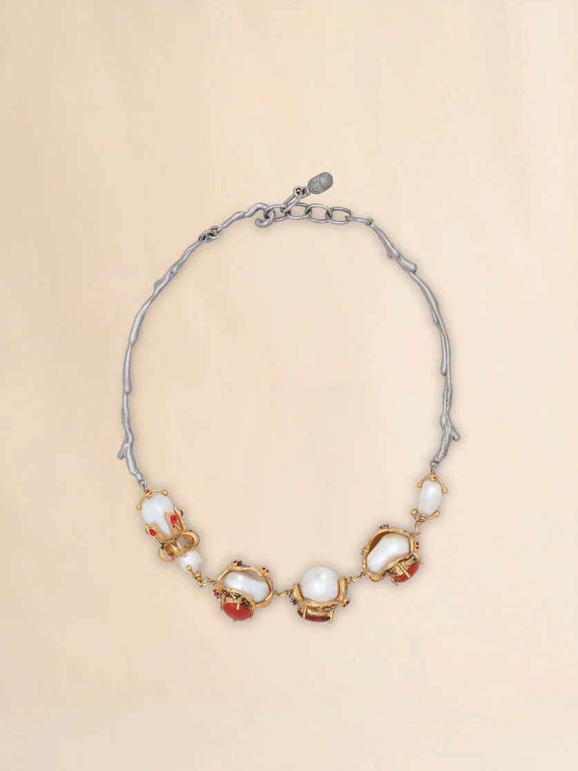 GOLD AND PALLADIUM BRANCH NECKLACE WITH ENCASED PEARL CHARMS - 1