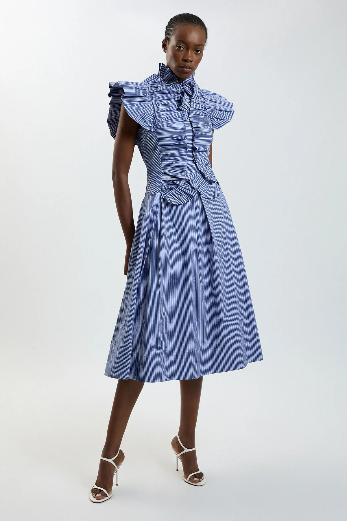 Petite Stripe Pleated Ruffle Sleeve Woven Midi Dress - 1