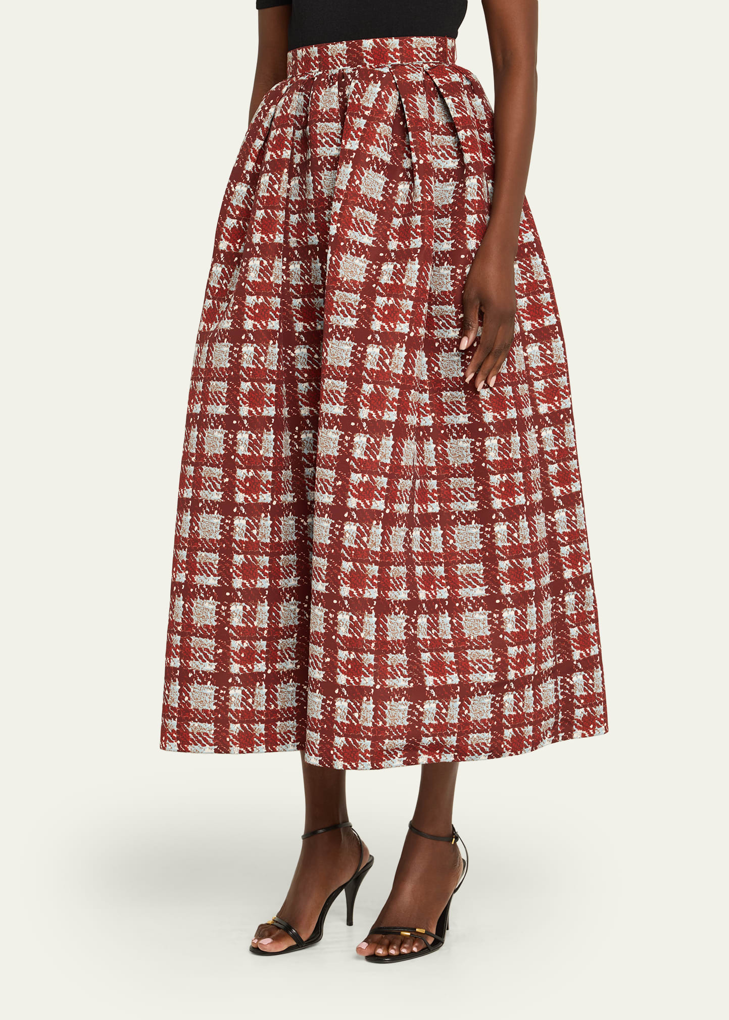 Textured Plaid-Print Pleated Midi Circle Skirt - 4