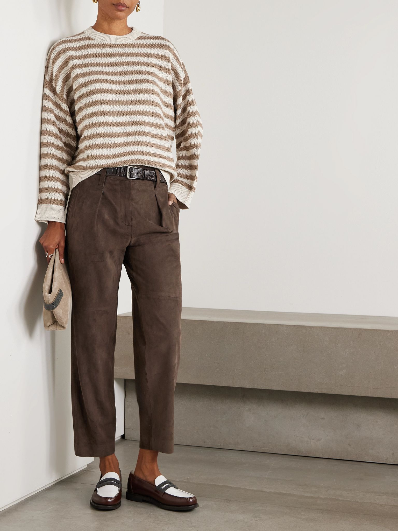 Pleated suede tapered pants Brown - 2