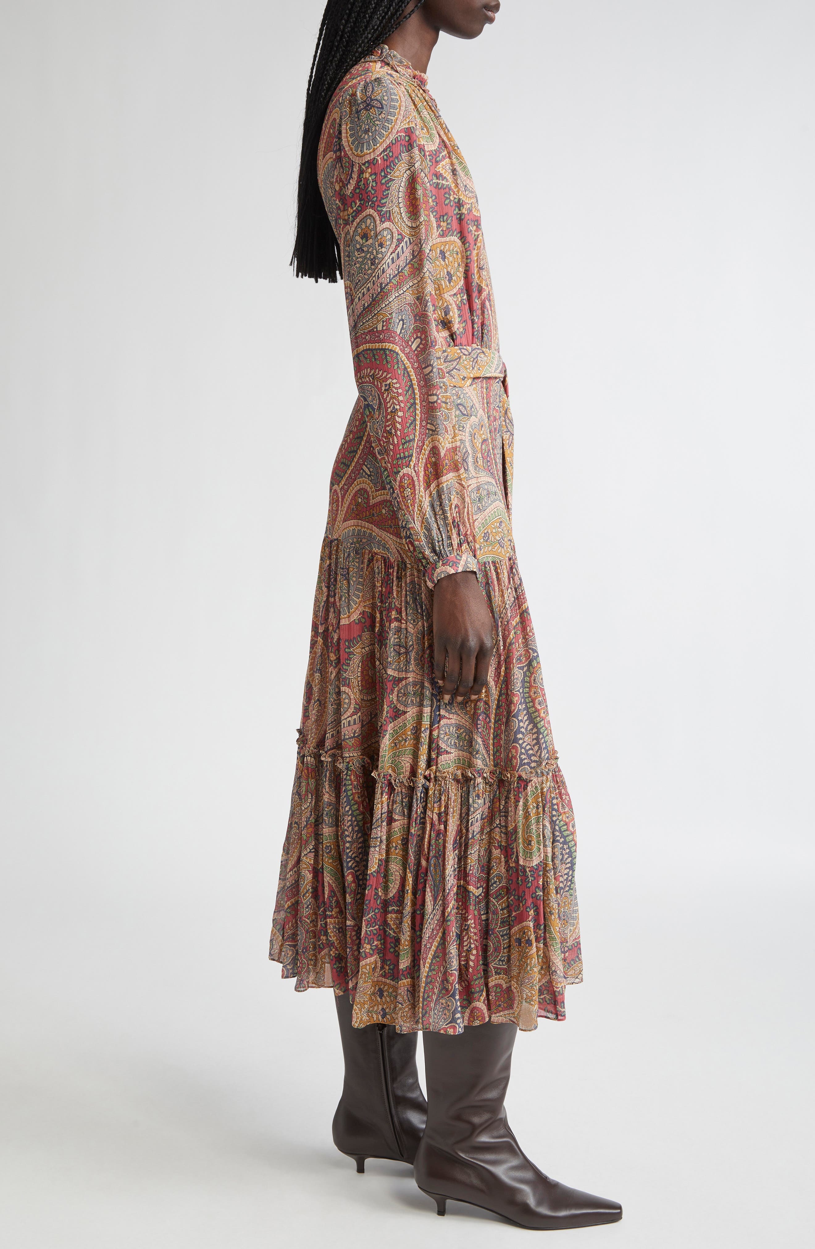 Etro Paisley Print Long Sleeve Belted Crepon Midi Dress in Bordeaux at Nordstrom - 3