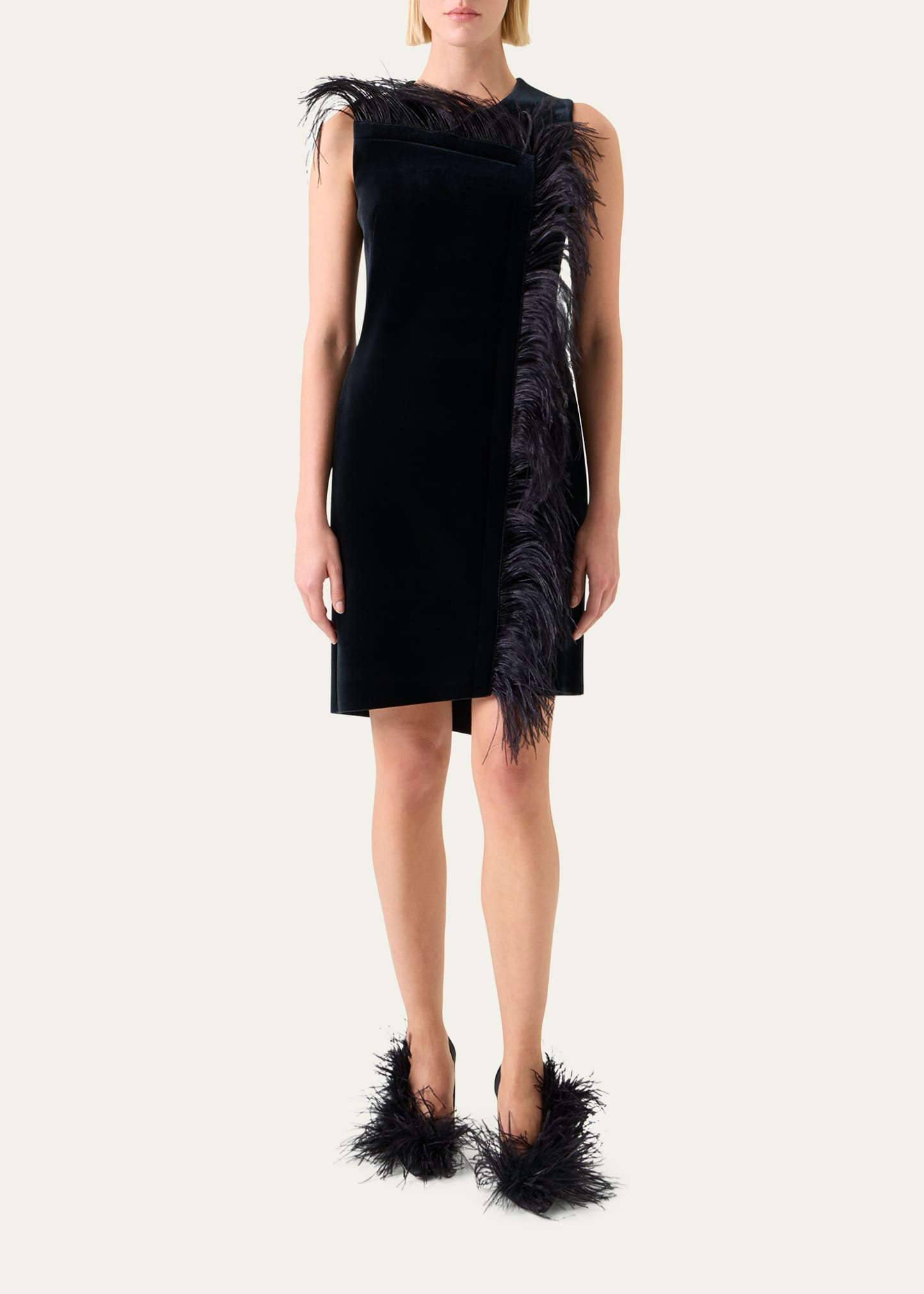 Neoprene Velvet Feather-Trim Asymmetric Mini Dress - 2